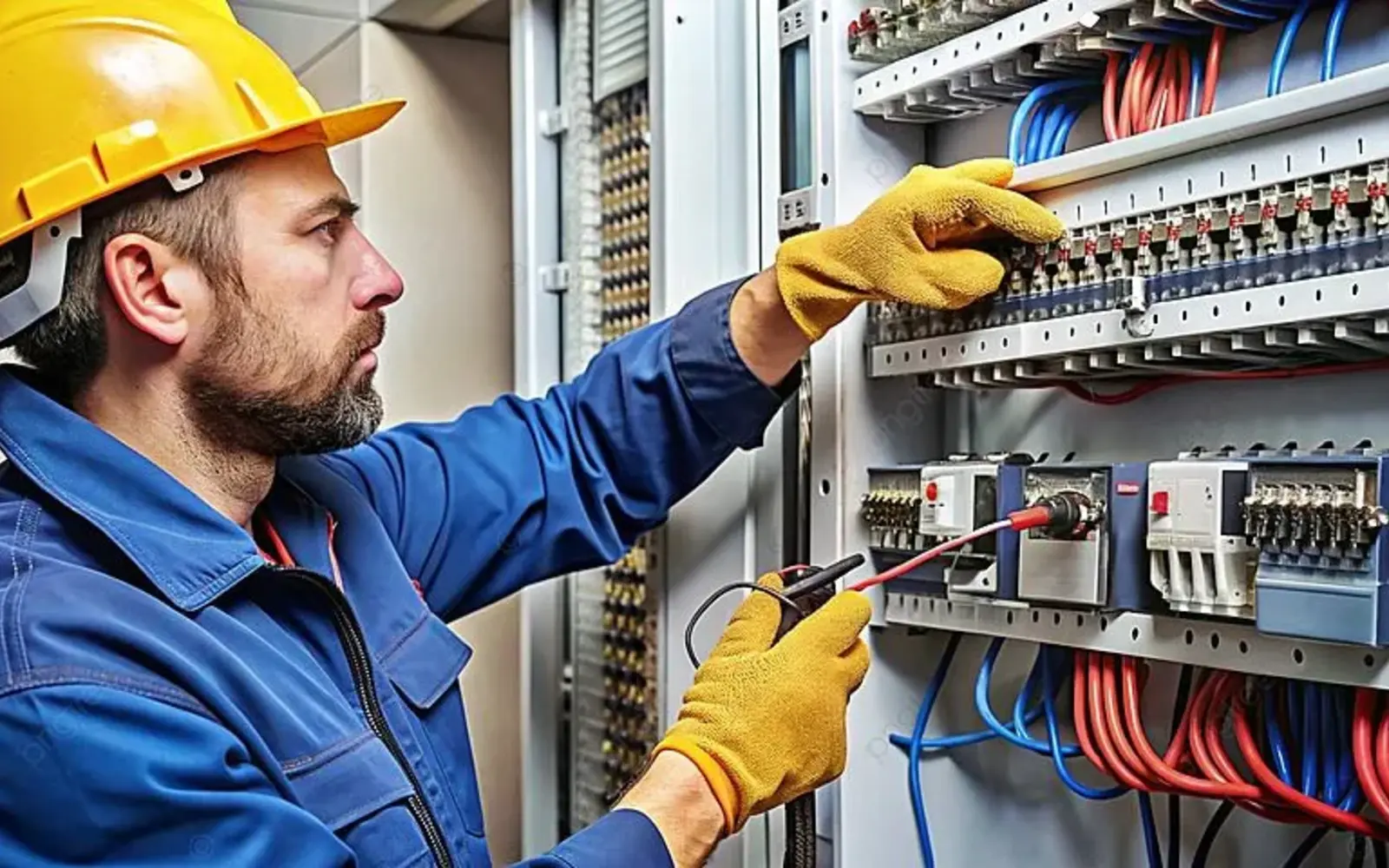Electrician inspecting an electrical distribution panel