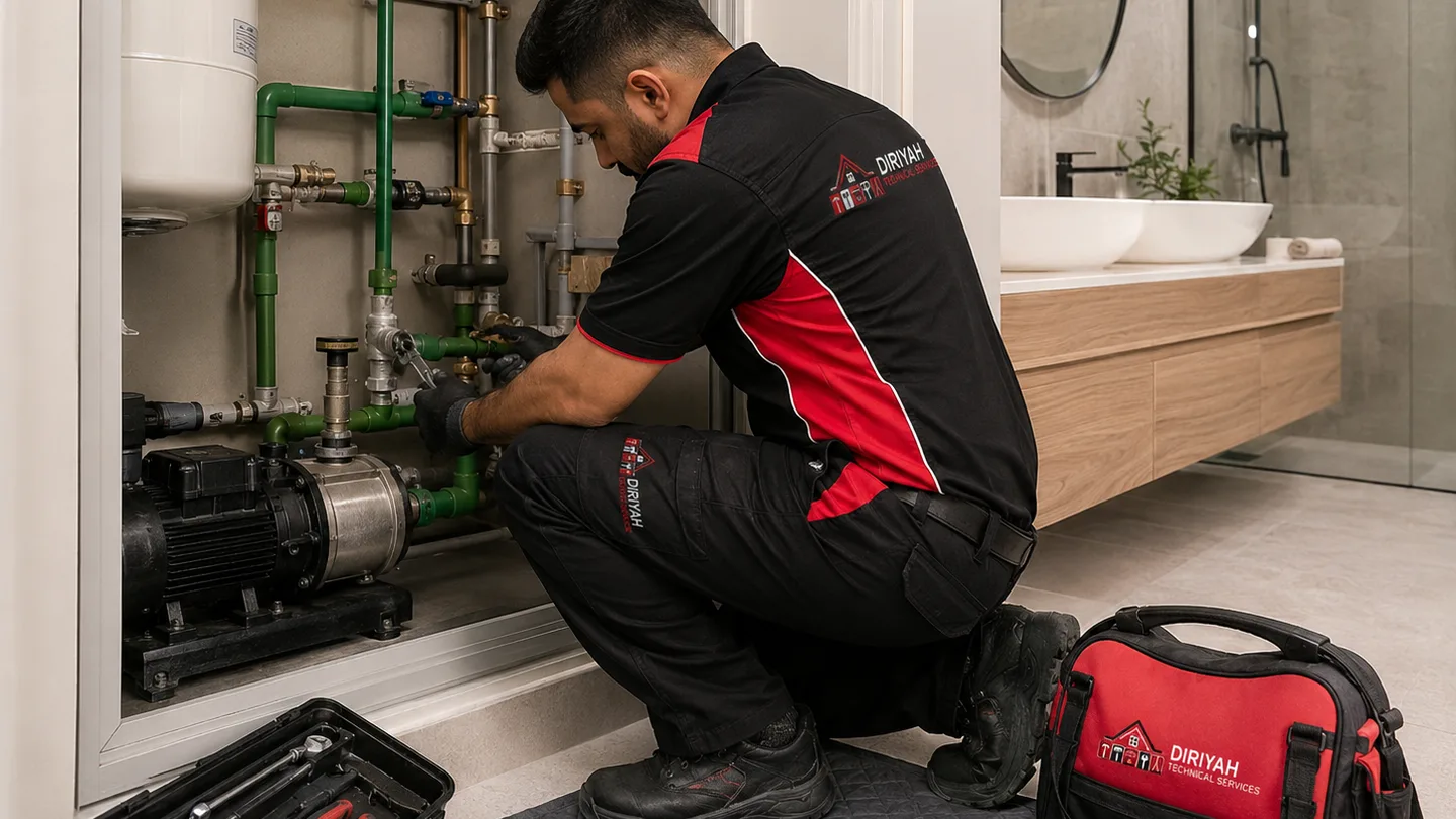 Diriyah technician inspecting PPR pipework, valves and a water-pump system in a protected Dubai property