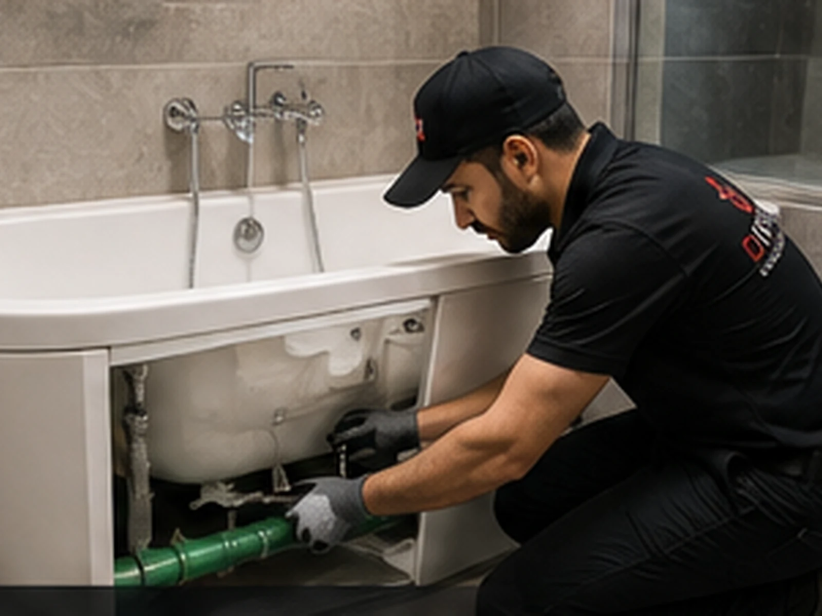 Diriyah technician working on bathtub plumbing connections in a Dubai bathroom