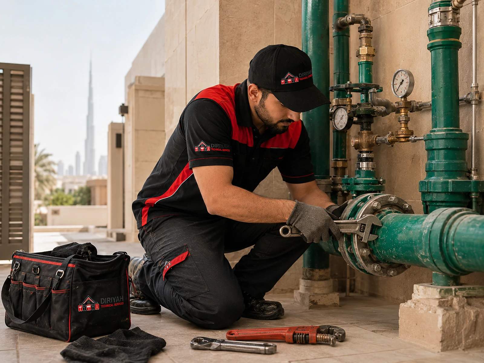 Diriyah plumber repairing a main water pipe and pressure fittings in Dubai