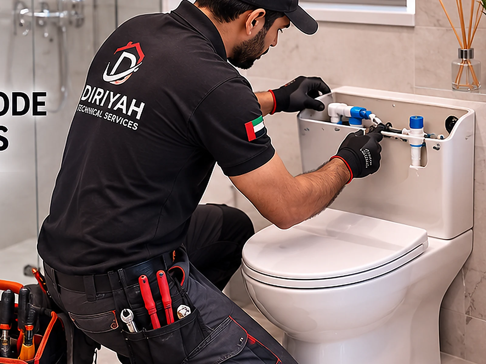 Diriyah plumber repairing a WC commode flush mechanism in a Dubai bathroom