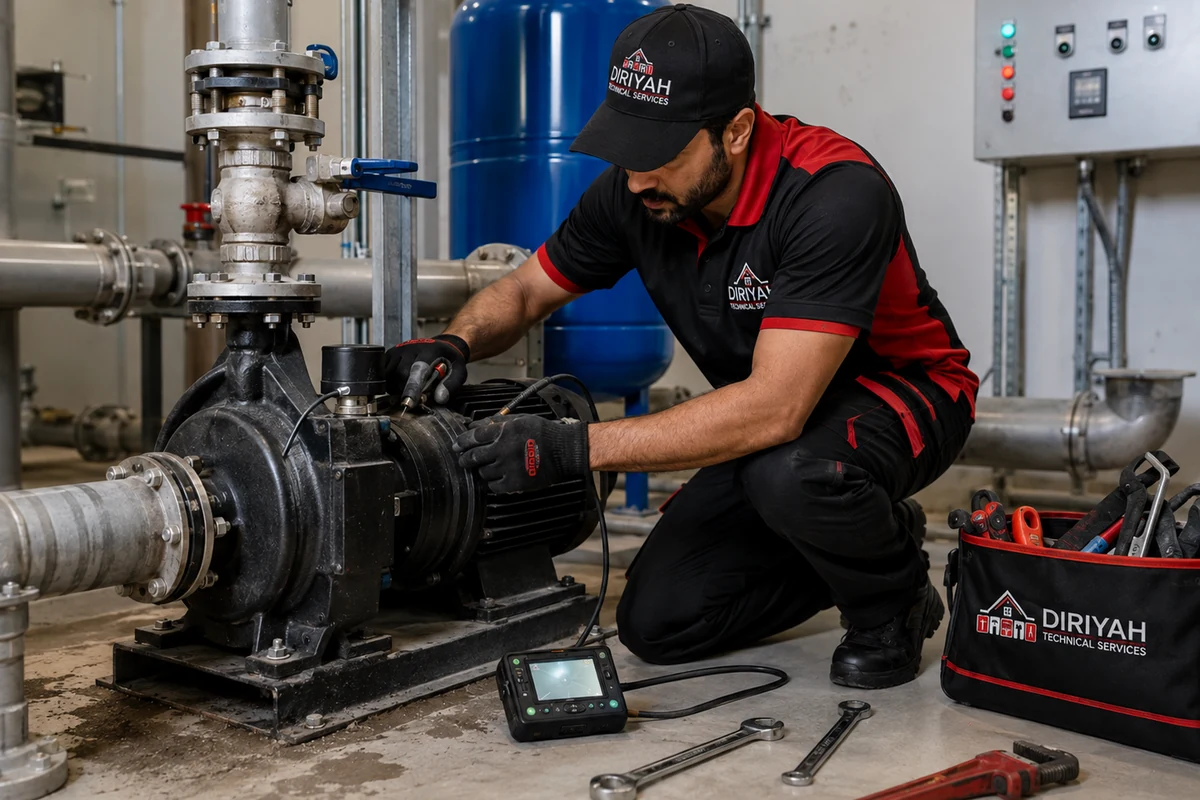 Plumbing technician inspecting a residential water pump system in Dubai