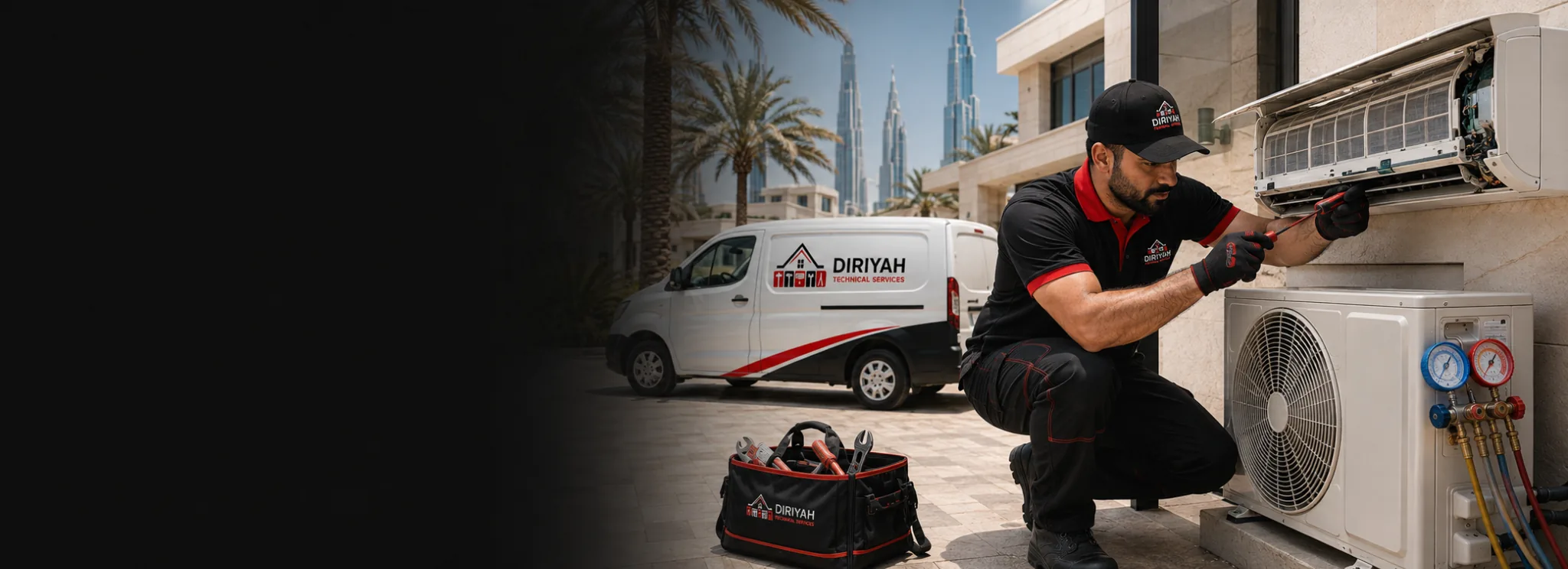 Diriyah Technical Services AC maintenance technician servicing an air-conditioning system at a Dubai property