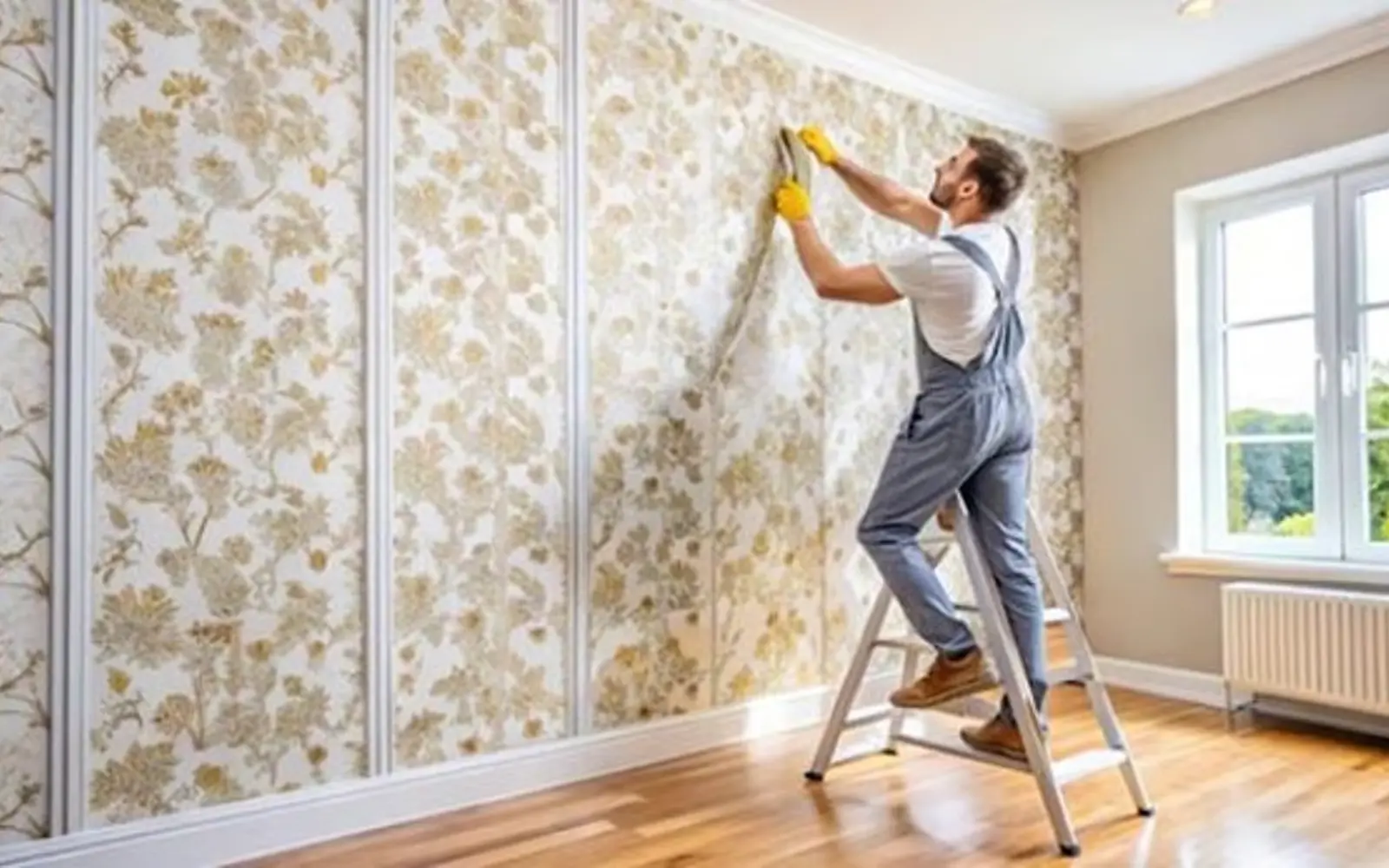 Wallpaper installer aligning decorative wallpaper on an interior wall